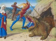 Taming the Tarasque, from Hours of Henry VIII (detail), c. 1500.