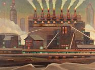 Olin Travis (1888-1975) Entrance to Chicago - Evening, 1961, oil on masonite 23.74” x 35.75"