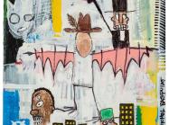 From Thad Mumford’s storage unit, said to be by Basquiat, “Untitled (Self-portrait with his cowboy hat and wearing Leonardo da Vinci’s flying suit),” from 1982 on corrugated cardboard.