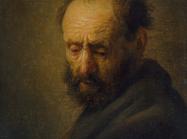 Rembrandt painting of an older white man from the chest up, with his eyes cast down