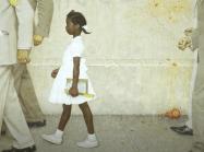 Normal Rockwell painting of black girl being walked to school by marshals while crowd throws rotten vegetables