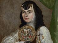 Detail of Portrait of Sor Juana Ines de la Cruz at the age of 25, Inscription in Latin: Ætatis sua 25.