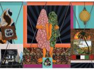 Amir H Fallah painting, two shrouded figures in the center with bright colors and patterns
