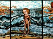 Judith Schaechter triptych stained glass with a nude woman in front of the sea at the center and orange octopi on either side of her
