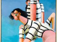 George Condo painting of two figures in stripped bathing suits