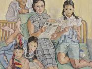 Painting of jovial, relaxed family life arranged into a group portrait. Features pastel, happy colors. 