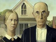 American gothic, close up of two figures described in story. 