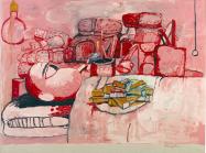 Philip Guston painting in pinks and red of a figure reclining in a bed with a plate of food on their chest