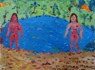 colorful Manuel Guzman painting of two nude figures beside a blue lake