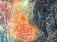 Julie Heffernan painting of a woman in a forest with her hair aflame