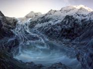 data presented in artistic way, view of mountains with blue lights