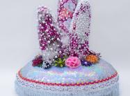 Max Colby, Hotbed I, 2018, Crystal and plastic beads, sequins, found fabric, trim, costume jewelry, polyester batting, and thread, 14 x 14 x 17 inches