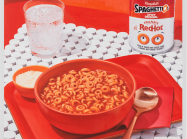 Jamian Juliano-Villani, Spaghettios, 2023. Oil on canvas. 73 x 83 1/2 inches (185.4 x 212.1 cm)