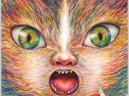 drawing of furry animal's face with open mouth and bee nearby