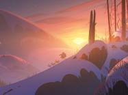 santa's sleigh in the distance rides over snowy hills at sunrise