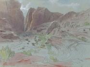 ink and watercolor sketch of a rocky landscape