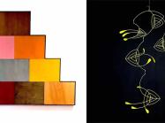 Two Works Displayed Side by Side - Elevation, Michael Larry Simpson, 49” x 64”, Oil, stain, dye on wood, 2021. & Name Unknown, Jeremy Bullis, Stainless steel wire and enamel, 36” x 22”, 1998/2021