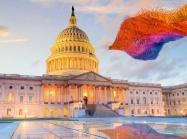 the capitol building with waving rainbow of fabric strips floating in front of it