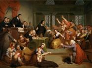 Tompkins Harrison Matteson painting of a court room full of white people in old-fashioned clothes pointing at each other and fainting