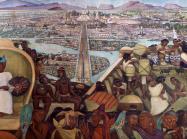 Artistic image of Aztec city with temple in background