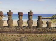 Easter Island heads in front of beach