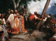 Peter Frederick Rothermel, De Soto Raising the Cross on the Banks of the Mississippi, 1851, oil on canvas, 101.6 x 127 cm (Pennsylvania Academy of the Fine Arts, funds provided by the Henry C. Gibson Fund and Mrs. Elliott R. Detchon, 1987.31), a Seeing America video.