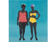 Amy Sherald painting of two black women in bathing suits standing against a blue background