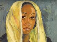 Detail of woman with head scarf, stern portrait painting