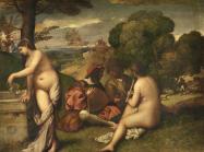 Giorgione allegorical painting of a nude female figure drawing water from a well while figures behind her play instruments in the grass