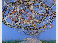Fred Tomaselli collaged painting of a bird lying in green grass with a cloud of snake-like coils rising above it