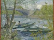 Van Gogh painting of two small fishing boats on a river in spring with a bridge in the background