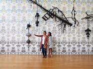 Visitors snap a selfie in front of new commissioned artwork and you did not even know enough to be sorry, 2022, by North Carolina artist Elizabeth Alexander