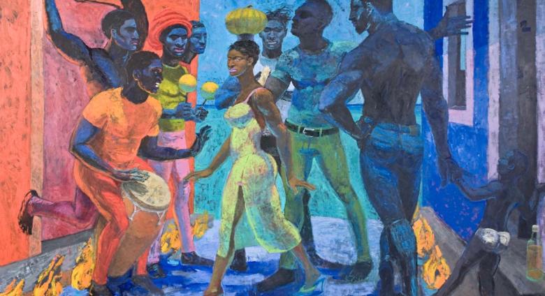 Carlos Cancio "Through the fiery Antillean street goes Tembandumba de la Quimbamba" (2003), Acrylic on canvas, Collection of Museum of Art of Puerto Rico.