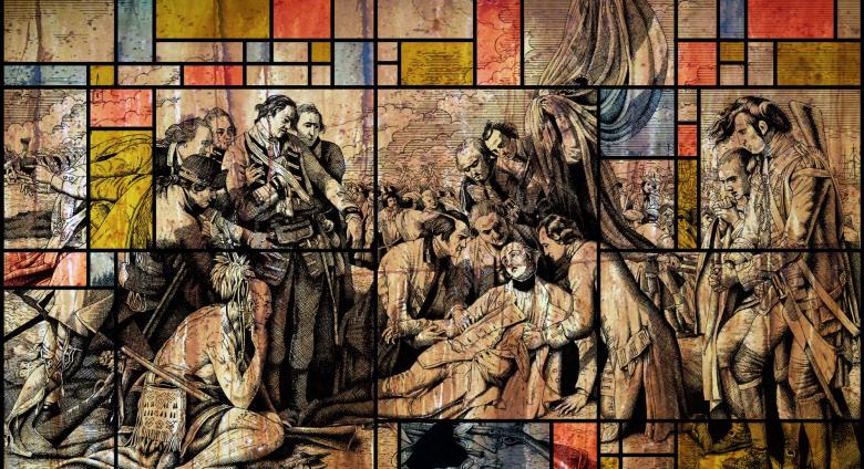 Eddy Susanto, Theosophy Arjuna, General Wolfe and Gandhi, 2016. Acrylic, pen, fluorescent ink on canvas.