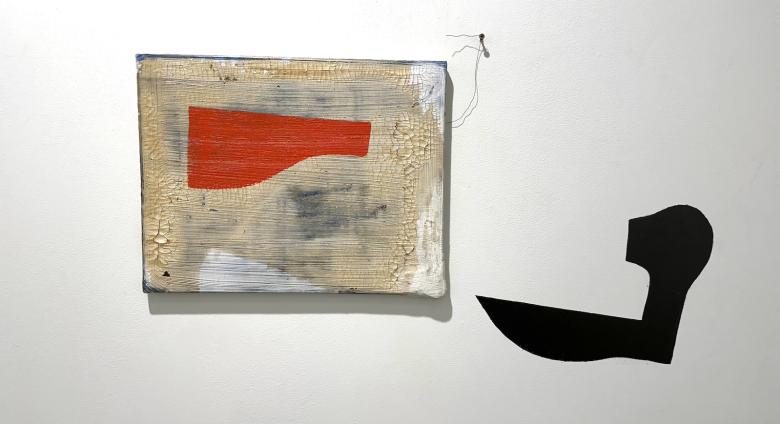 Third Way, oil and acrylic paint, putty, shellac on canvas, 2023