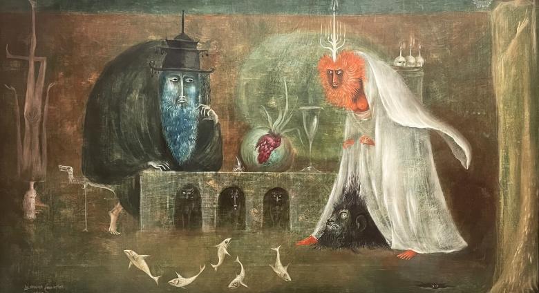 Leonora Carrington, Rabinos (the Rabbis), 1960. Oil on Canvas. 15 1⁄4 x 23 1⁄4 in. (38.735 x 59.055 cm). © Leonora Carrington / Arts Rights Society (ARS), New York.
