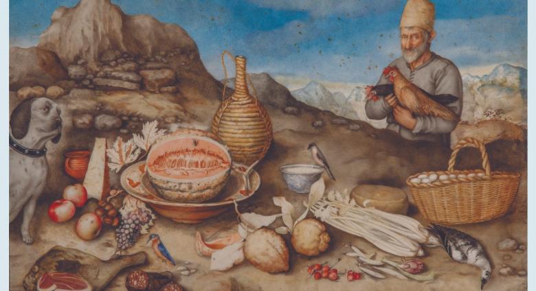 The Old Man of Artimino painting of a man with a picnic with mountains in the background