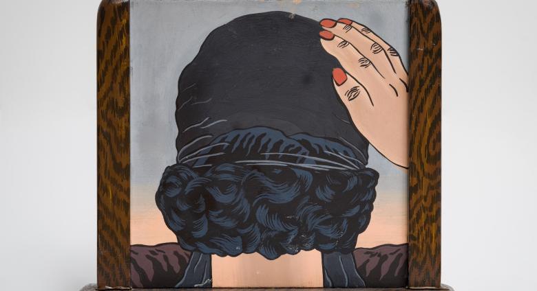 Christina Ramberg, Untitled (Hair), 1968, Acrylic on Masonite, in artist's hand painted wood frame, 17.8 × 51.5 cm (7×20 1/4 in.) 
