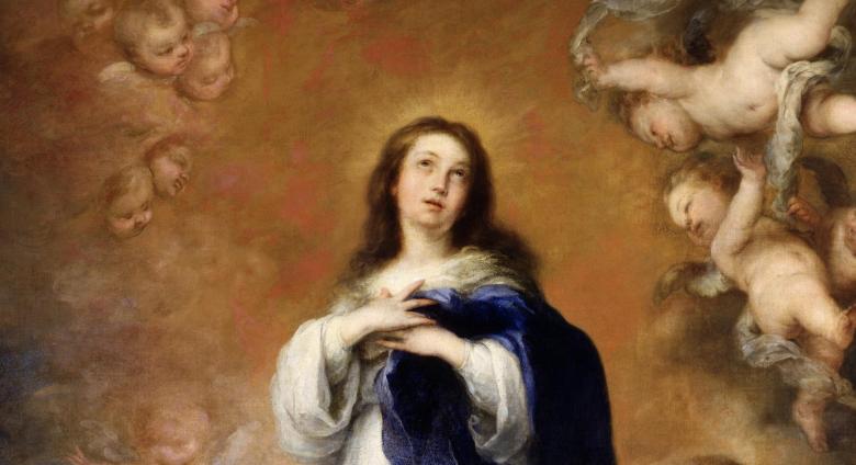 close up image of the virgin mary in blue surrounded by floating pitti on a tan background