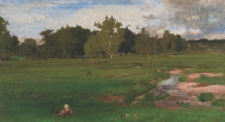 George Innes (American, 1825-1894). Meadowland in June, 1880. Oil on canvas. 18 x 26 1/8 inches. Bank of America Collection