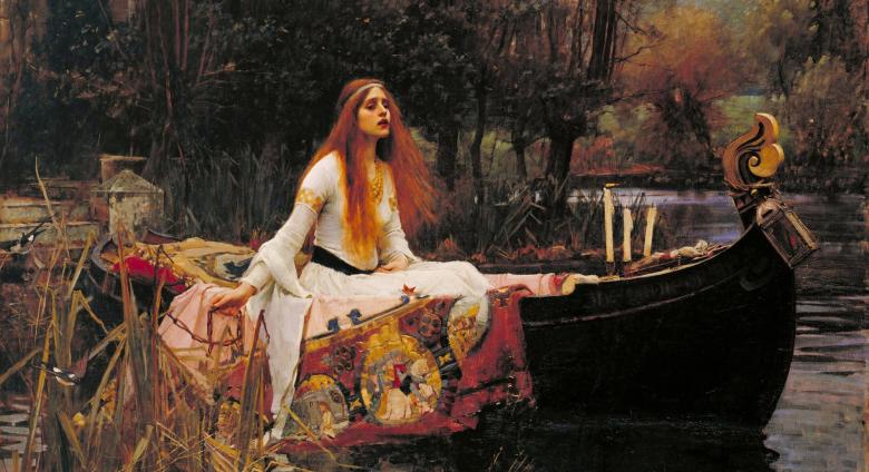 John William Waterhouse painting of a woman in a white gown with long flowing red head looking distraught in a small boat