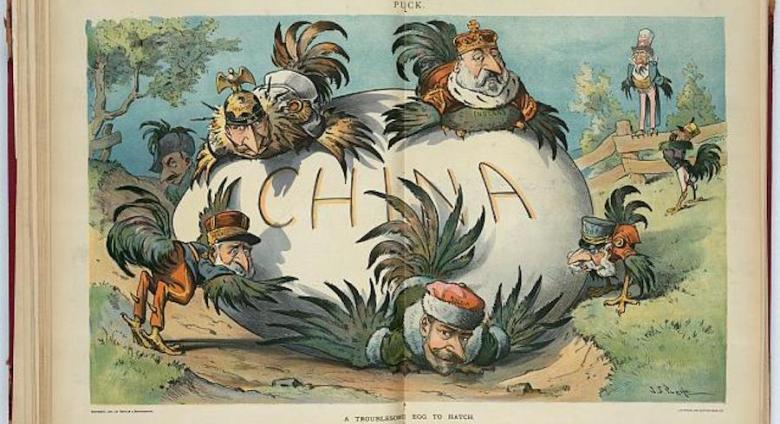 - Summary: Illustration shows the rulers of "Russia," "Germany," "Italy," "Austria," "France," and "England," as chickens trying to hatch a large egg labeled "China." A chicken labeled "Japan" stands in the background with Uncle Sam, also as a chicken, perched on a fence in the rear.