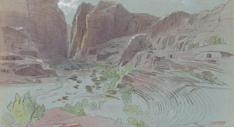 ink and watercolor sketch of a rocky landscape