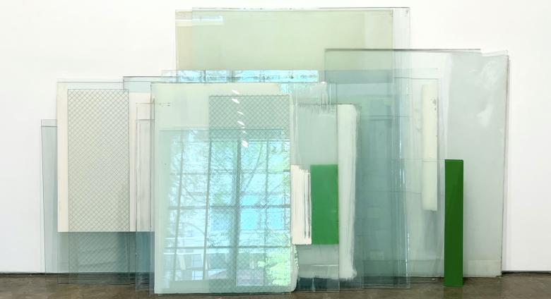 Russell Maltz, STACK - Ball Park XLIII, 2021, Polyurethane enamel and enamel on plate and wire glass, 15 plates, 60 x 101 x 10 inches, #RM94