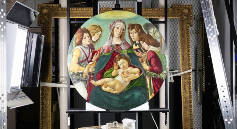Botticelli painting on under light in conservation lab