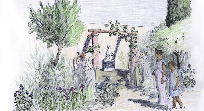 Sketch depicting the perspective of an ancient viewer standing in the center of the garden, gazing toward the southeast corner of the planted space and observing gardeners at work. 