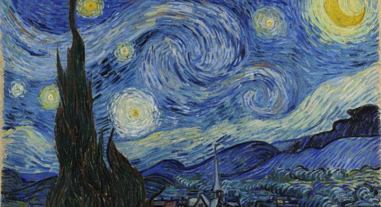 Van Gogh painting of a scene at night with 10 swirly stars, Venus, and a bright yellow crescent Moon. In the background are hills, in the foreground a cypress tree and houses.