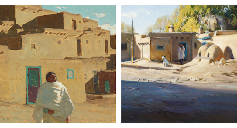 Taos Perspective (triptych), 12 x 12 in. panels, oil; left to right, Glenn Dean, Josh Elliott, Logan Maxwell Hagege