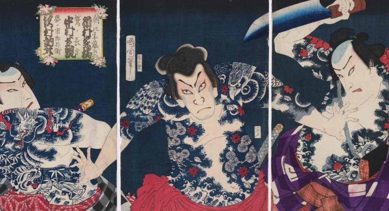 japanese woodblock print of actors with tattoos