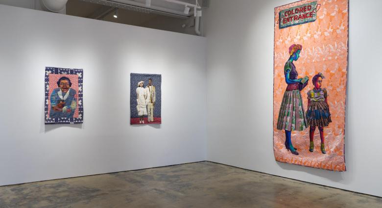 Installation view, Bisa Butler: Materfamilias, Gordon Parks Foundation. Works: Praise God, 2014, Wedding Portrait, 2001, Colored Entrance (after Department Store, Mobile, Alabama by Gordon Parks, 1956), 2023